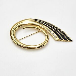 Vintage JJ Signed Chic Gold Tone Black Enamel Rhinestone Swirl Circle Brooch Pin